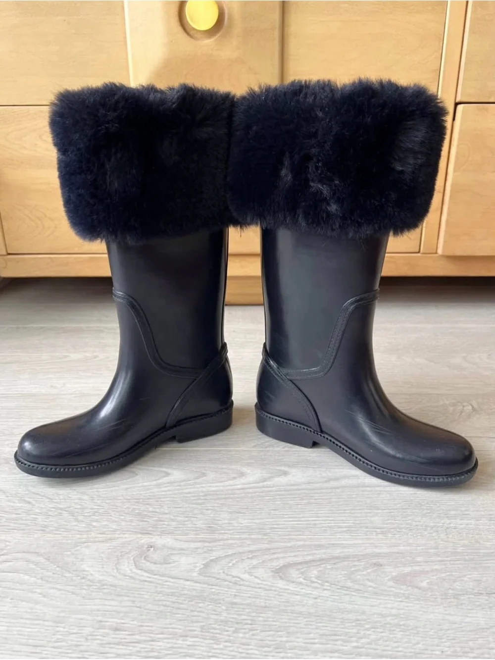 Zara Kids Black Fur-Trim Mid-Calf Boots Waterproof 13-13.5